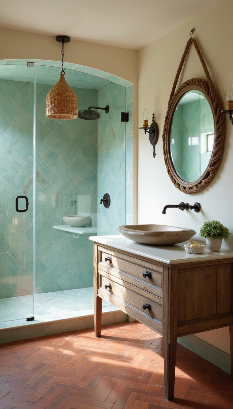 Mediterranean guest bathroom with curved tiled shower alcove, floating cypress vanity, and terracotta herringbone floor in morning light.