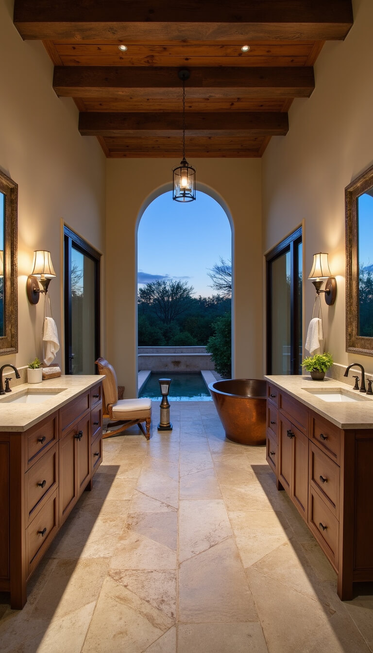 Luxurious Mediterranean master bedroom with copper soaking tub, arched window, exposed wood beams, and ambient bronze lantern lighting at twilight.