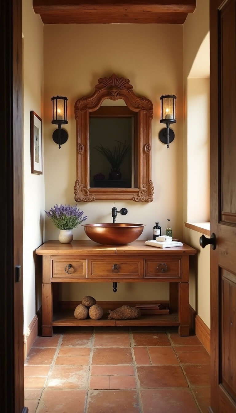 Mediterranean powder room with antique copper sink, rustic wood console, and warm cream plastered walls.