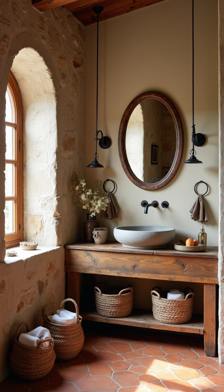 Rustic Mediterranean 10'x14' bathroom with stone accent wall, reclaimed wood vanity, terracotta hex tiles, and vintage copper mirror in soft morning light.