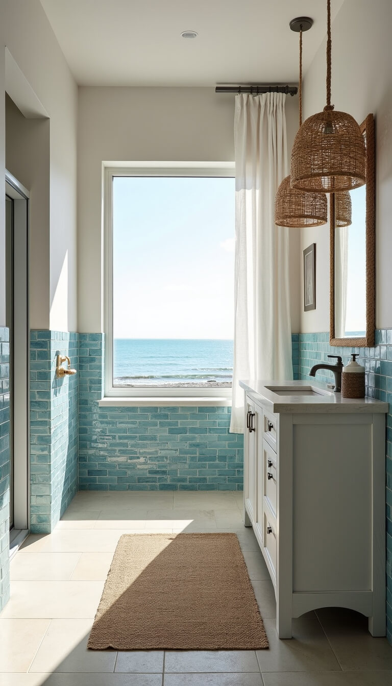 Bright coastal Mediterranean bathroom with ocean view, sheer linen curtains, wave-patterned blue ceramic tiles, whitewashed oak vanity, rope mirror, woven pendant, and natural rug on limestone floor.