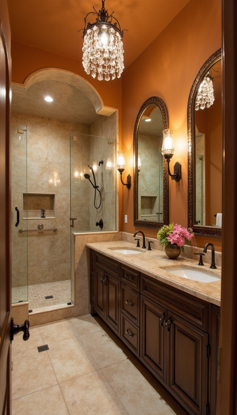 Elegant Mediterranean master bath with marble shower, dark cypress vanity, terracotta tiles, arched mirrors, and chandelier bathed in golden hour light.