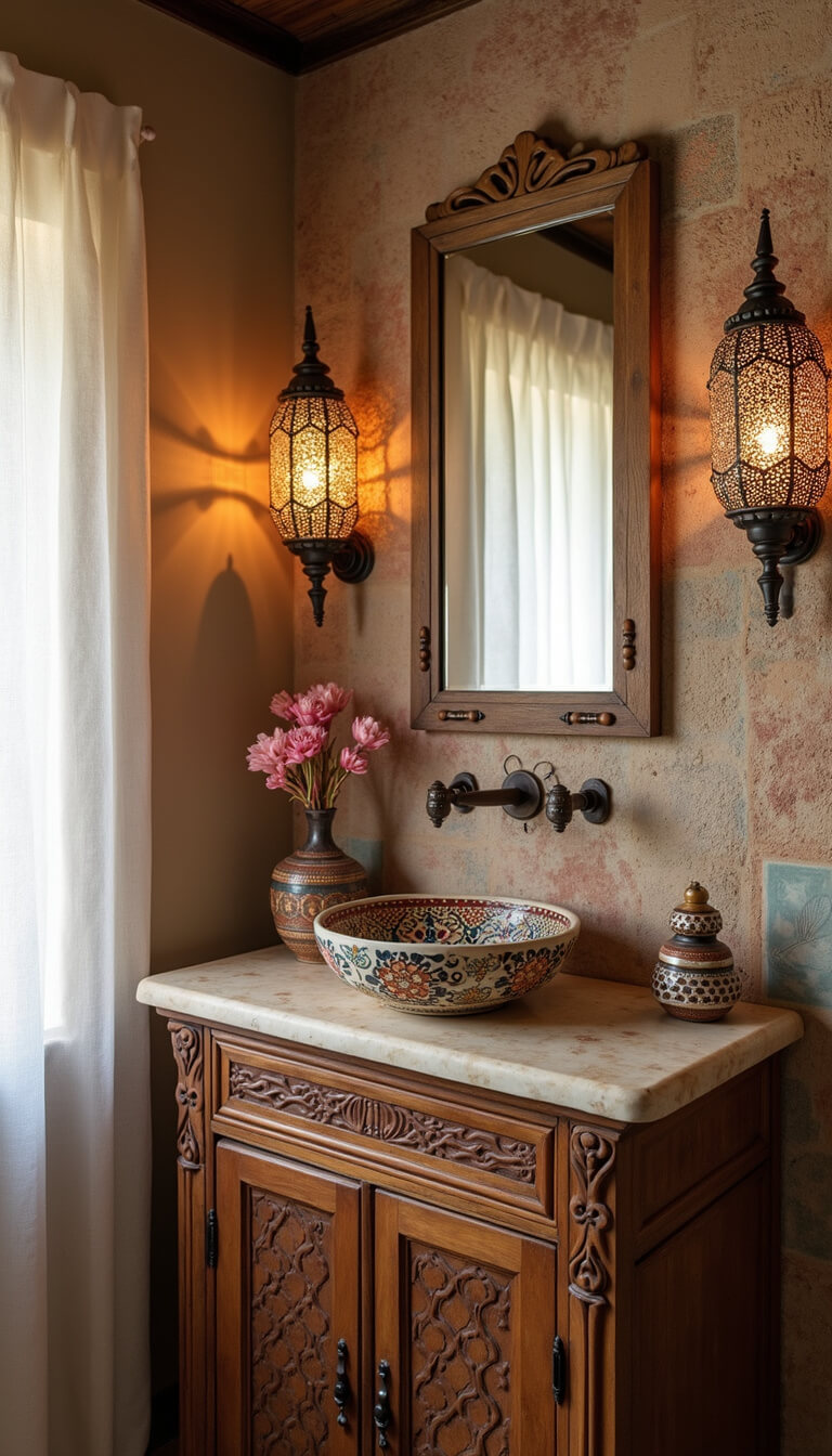 Bohemian Mediterranean bathroom with zellige tile wall, handmade ceramic sink, vintage carved cabinet, and Moroccan lanterns in diffused daylight.