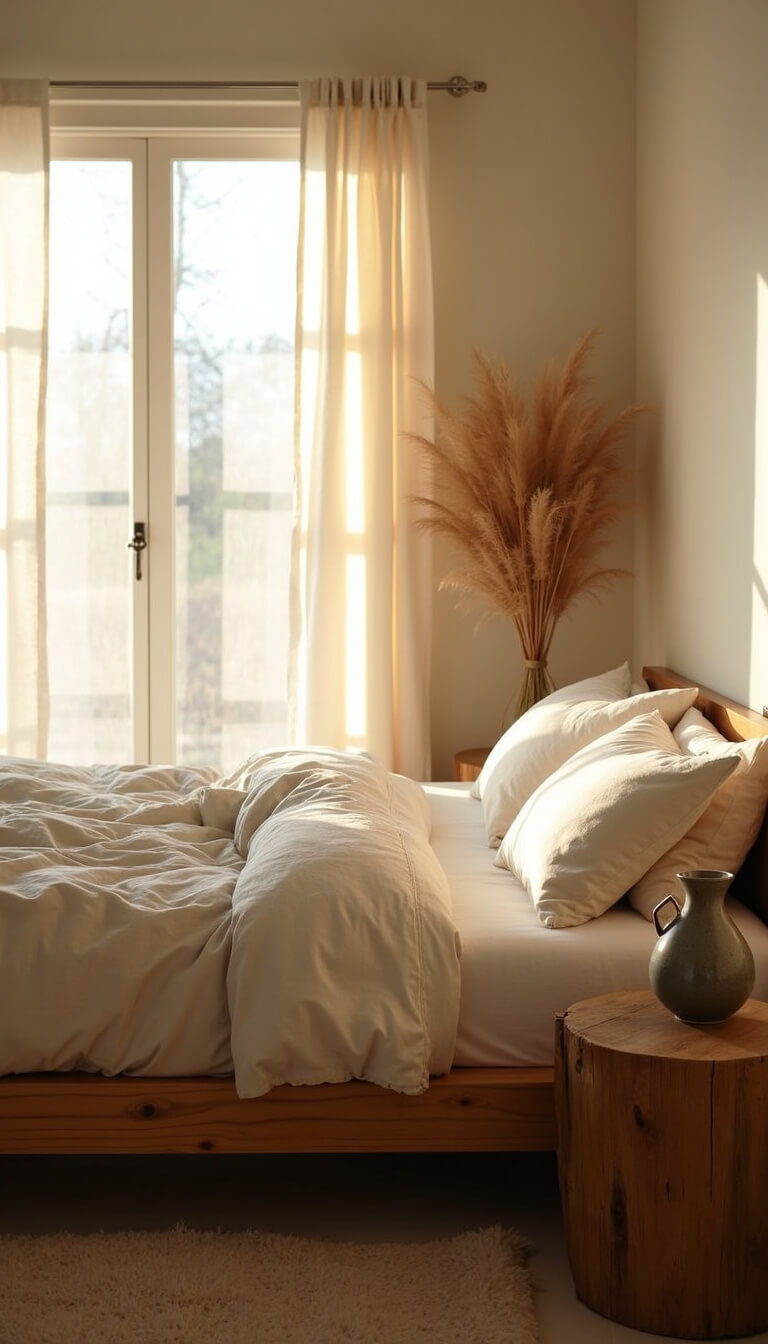 Tranquil 12x14ft bedroom with natural linen bedding on a low wooden platform bed, early morning light streaming through sheer curtains, highlighting warm ivory walls and soft shadows.
