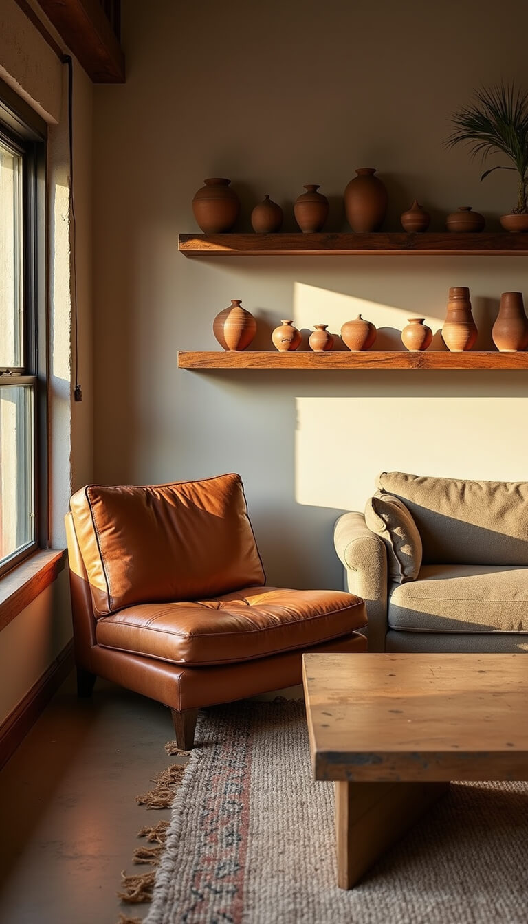 Cozy 10x12ft living room at golden hour with worn leather armchair, repaired coffee table, handmade pottery on reclaimed wood shelves, and layered jute and kilim rugs in warm earthy tones.