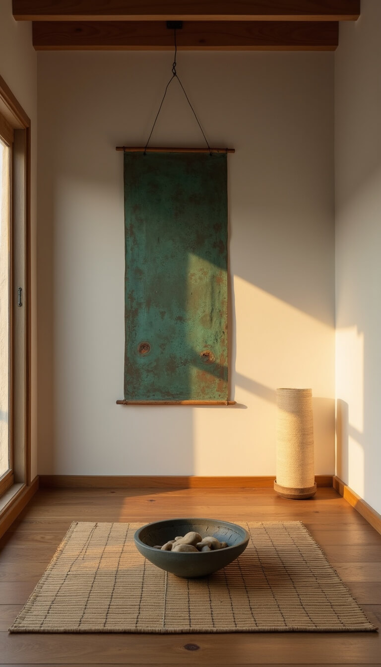 Minimalist meditation corner with bamboo mat on oak floor, ceramic bowl of river stones, verdigris copper wall art, and soft paper lamp lighting at twilight.