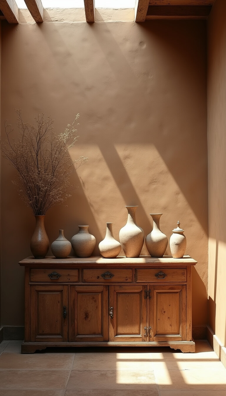 Rustic 6x8ft entryway with antique wooden console, wabi-sabi ceramics, and textured plaster wall under natural skylight.