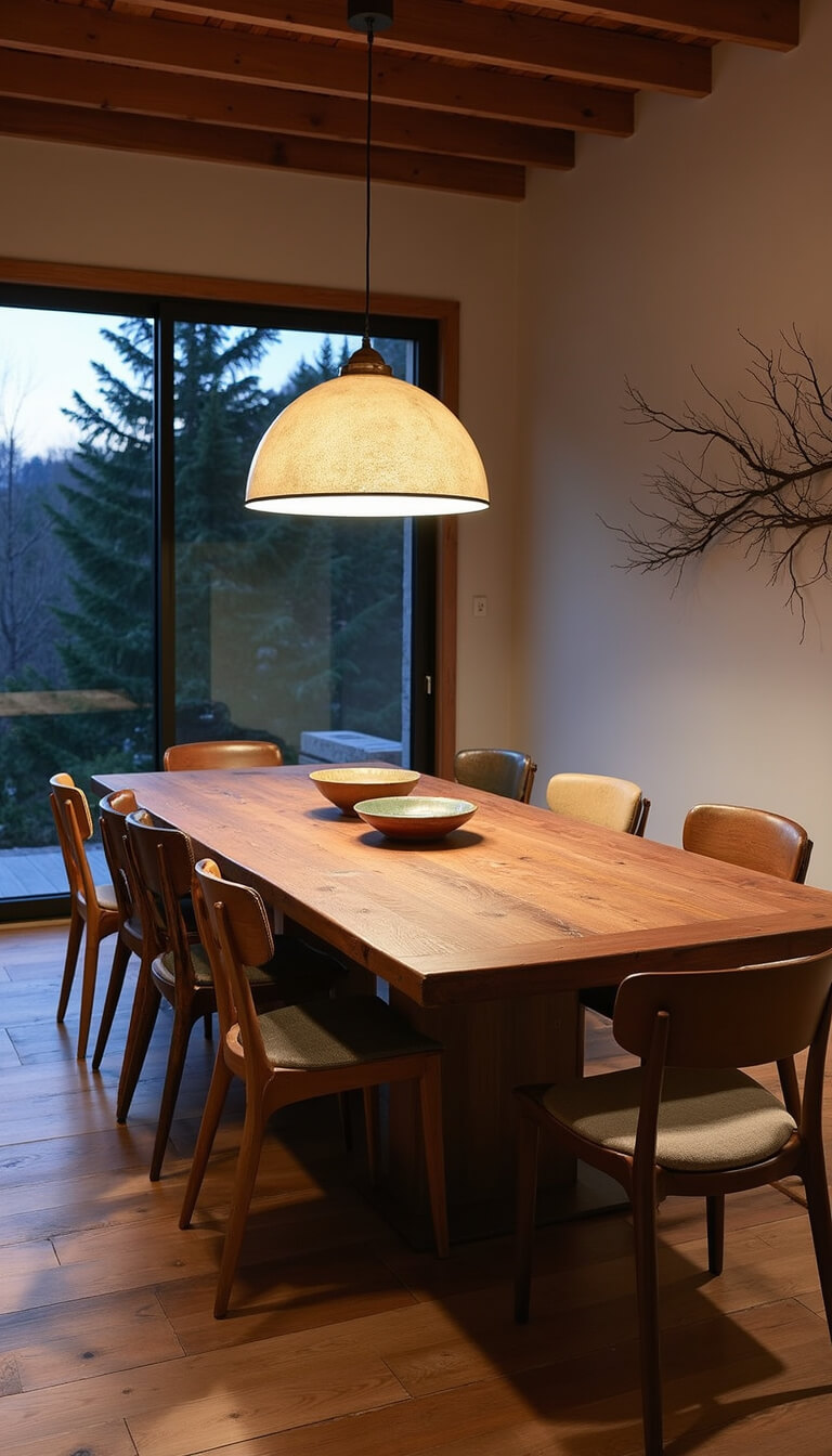 Contemporary 14x16ft dining room at dusk with reclaimed teak table, mismatched vintage chairs, large cracked-glaze ceramic pendant light, aged branch wall art, and twilight mood lighting in deep wood tones, brass patina, and chalk white.