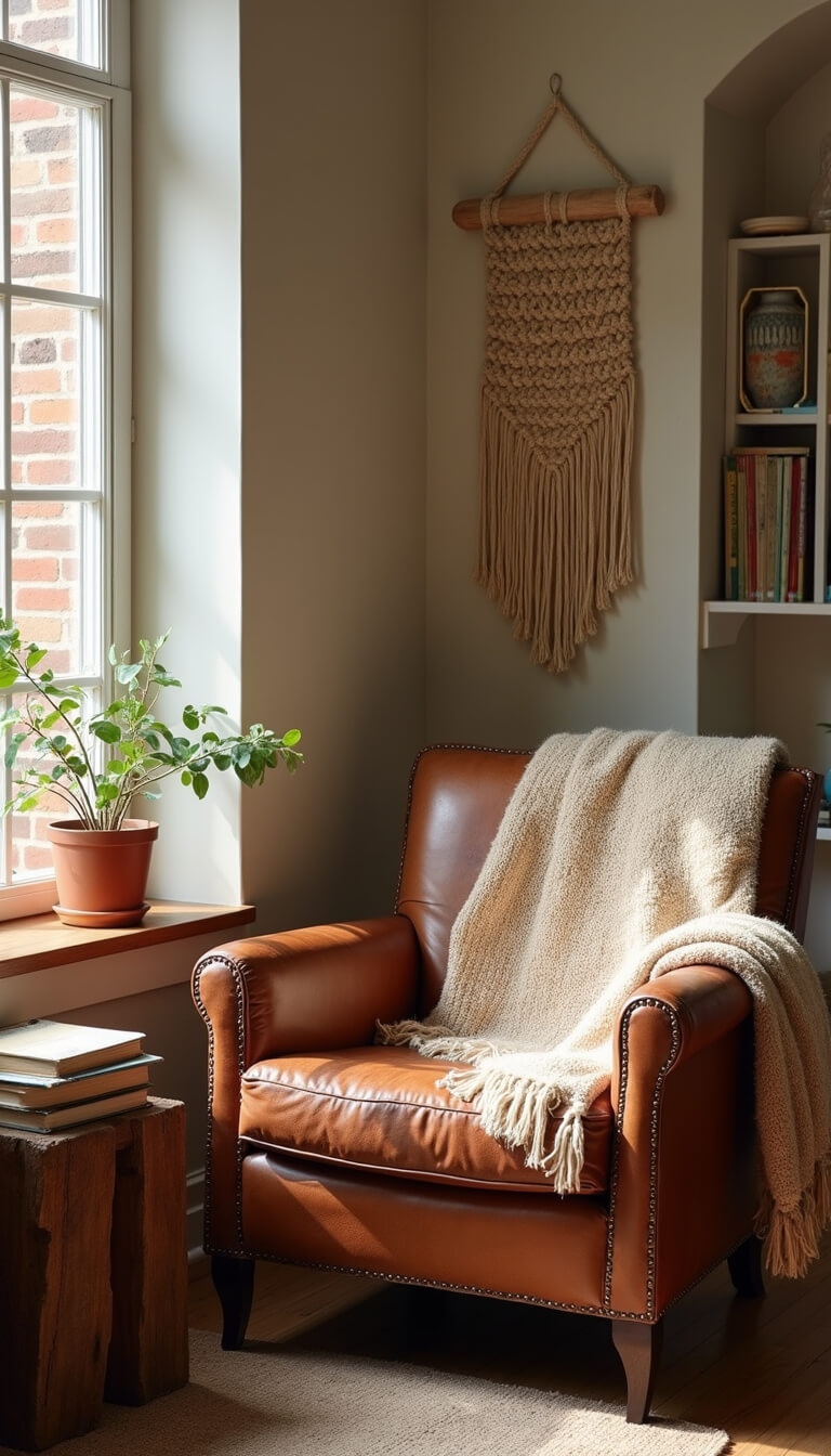 Cozy 9x11ft reading nook with vintage leather chair, wool throw, aged books on wooden table, and macramé wall art in soft morning light.