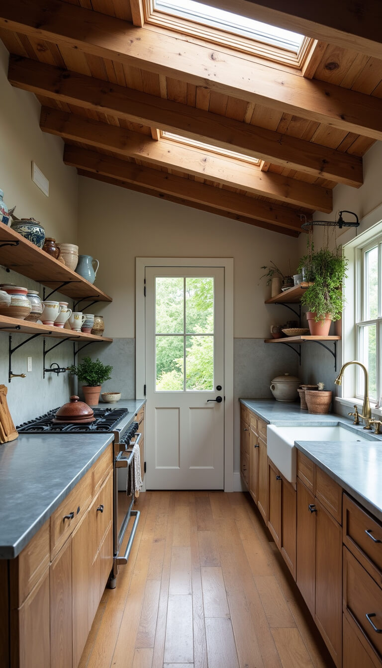 Wide kitchen with open shelving of handmade ceramics, zinc countertops with patina, aged wooden beams, hanging dried herbs, and natural light from clerestory windows.