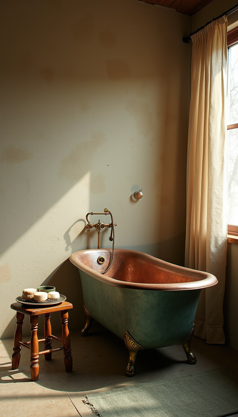 Low-angle view of a cozy 7x9ft bathroom at dawn featuring a verdigris copper freestanding tub, hand-troweled plaster walls, linen curtains, and a vintage wooden stool with handmade soaps.