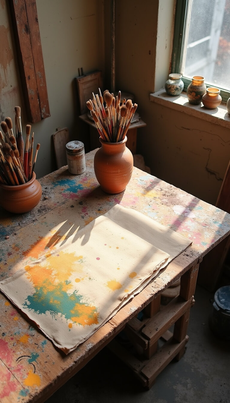 High-angle view of a textured 10x12ft artist studio lit by afternoon sun, featuring a paint-splattered wooden workbench, handmade brushes in an earthenware pot, and stained canvas drop cloths.