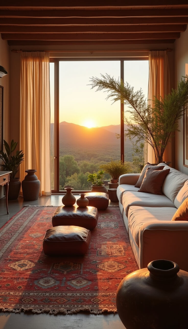 Cozy great room at sunset with oversized linen sofa, worn leather floor cushions, vintage tribal rug, and large repaired pottery in warm golden hour light.
