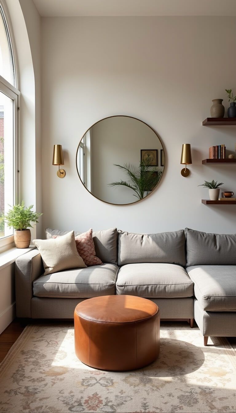 Compact 12x14ft living room with gray sectional, cognac leather ottoman, cream walls, floor-to-ceiling windows, brass sconces, floating shelves, and vintage-style rug in soft morning light.