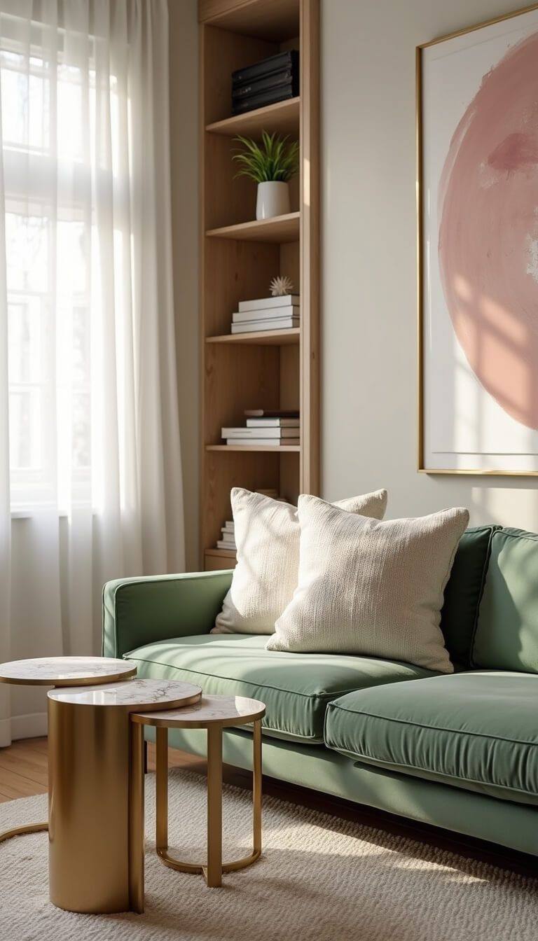 Bird's eye view of a refined 10x12ft living space with sage velvet sofa, cream cushions, gold and marble nesting tables, sheer curtains, blush abstract art, and seamless built-in shelving.