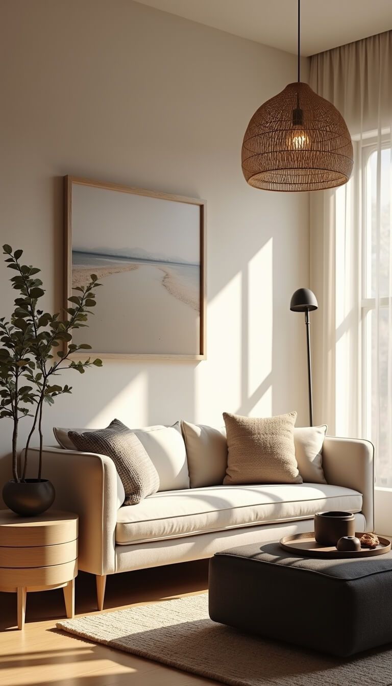 Cozy modern 11x13ft living room at golden hour with cream bouclé loveseat, woven rattan pendant, charcoal ottoman, floating bleached oak media console, and natural textures.