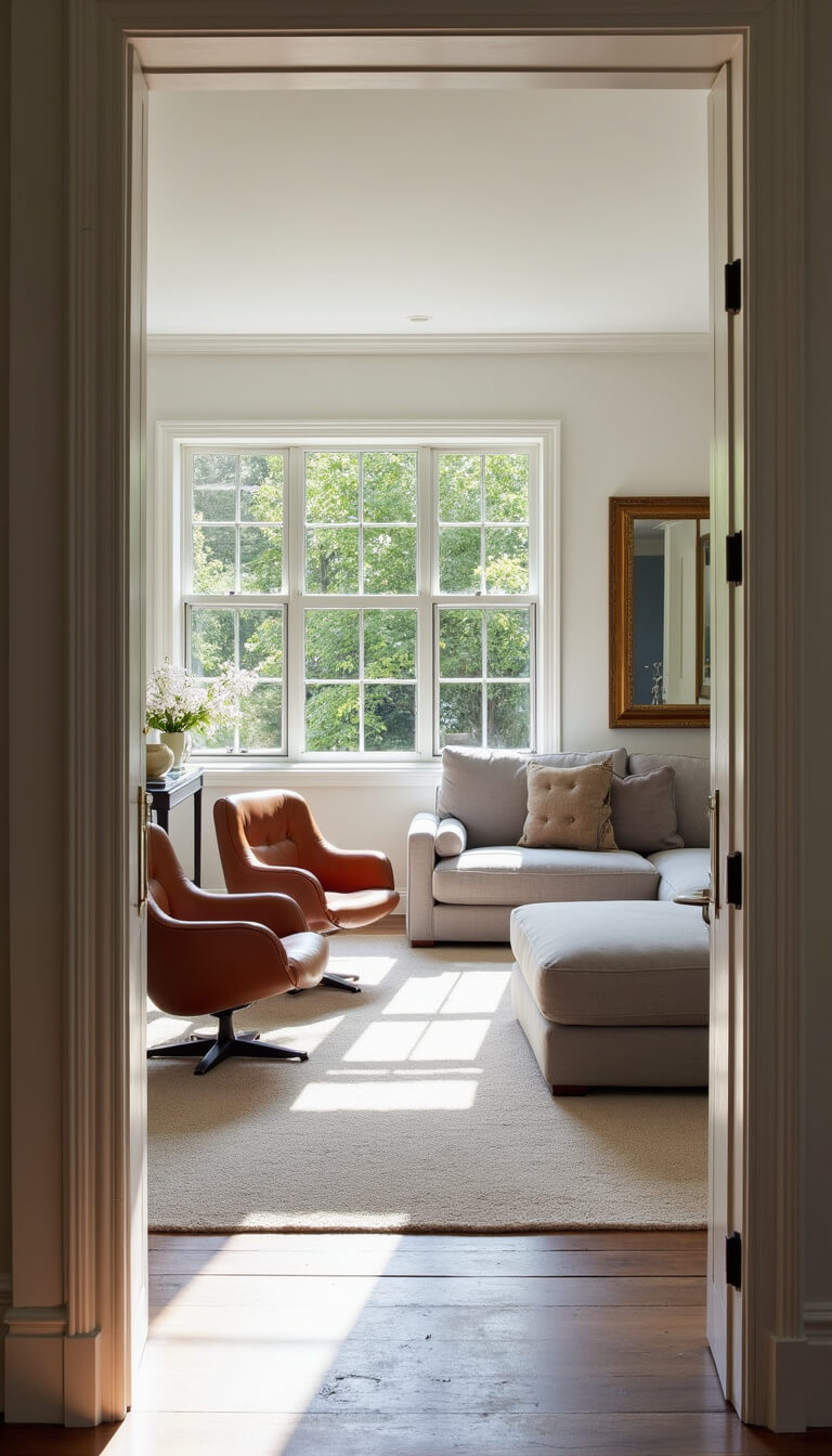 Sunlit 13x15ft living room with pearl gray curved sofa, cognac leather swivel chairs, brass and black metal accents, and antique mirror reflecting garden view.
