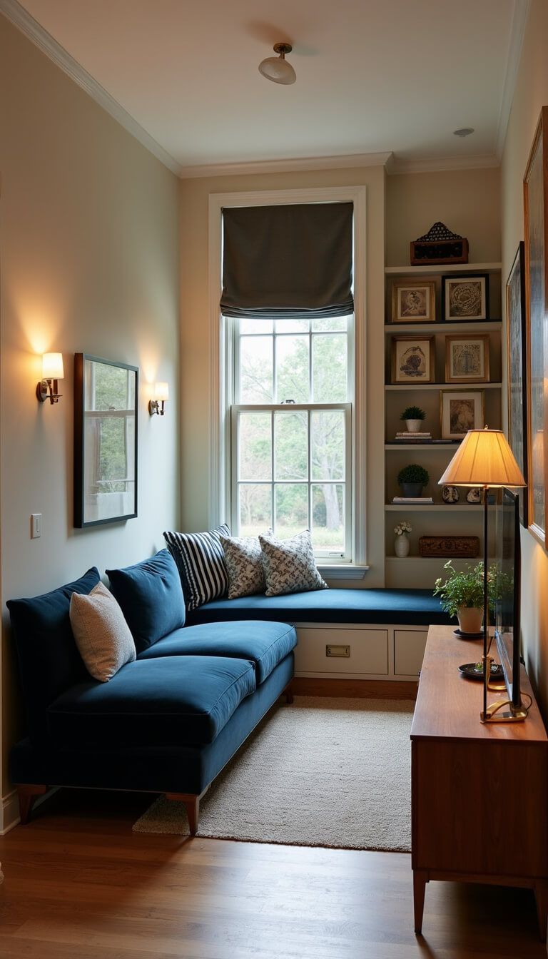 Cozy 9x11ft living room at dusk with slate blue velvet sectional, built-in window seat, warm walnut and cane media unit, floating shelves displaying vintage art, and layered lighting for a curated, comfortable feel.