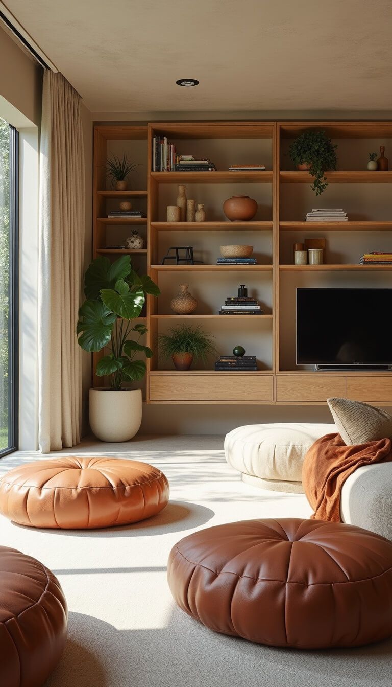 Modern 12x14ft living space with oatmeal bouclé modular seating, terra cotta leather floor cushions, bleached oak floating credenza, and tall bookshelf styled with ceramics and plants.