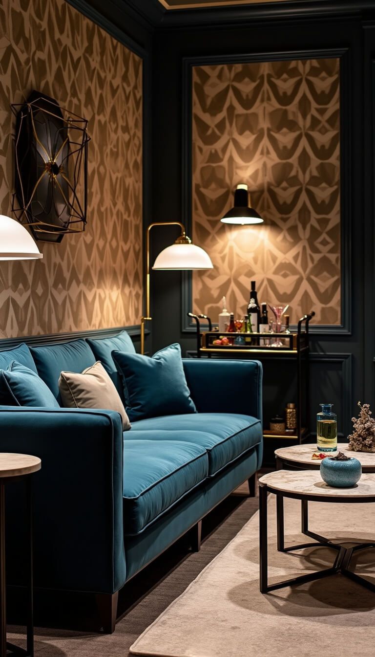 Moody, sophisticated 10x12ft lounge with deep blue velvet sofa, geometric wallpaper, vintage brass floor lamps, marble and steel nested tables, and a mirror-backed bar cart.