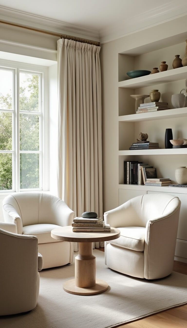 Light-filled corner room with curved ivory bouclé chairs around a travertine coffee table, framed by sheer linen curtains and floating shelves displaying ceramics and art books.