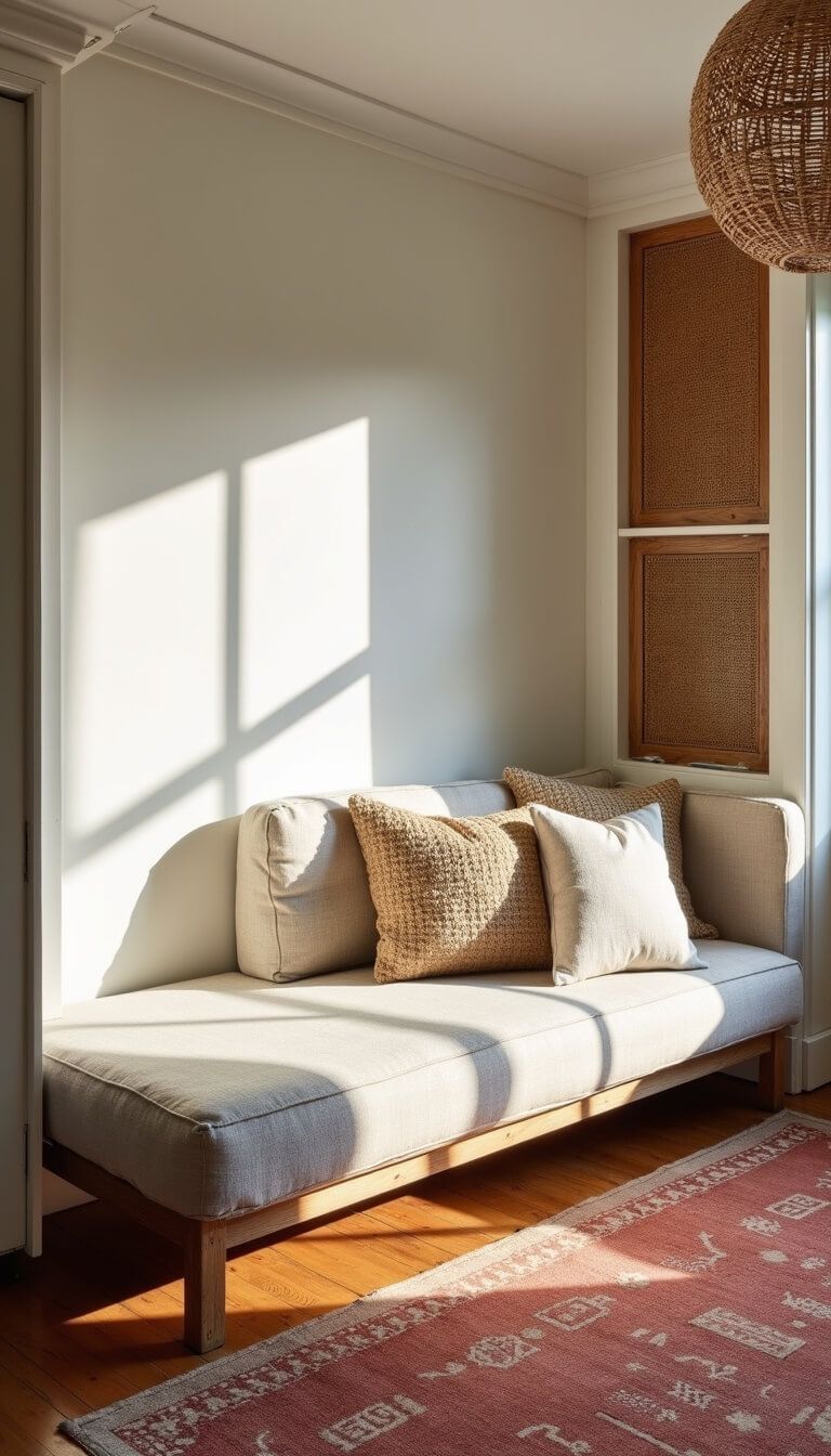 Cozy 9x11ft room with sectional sofa, textured pillows, rattan pendant, built-in cane cabinet, vintage red rug, and natural materials in warm morning light.