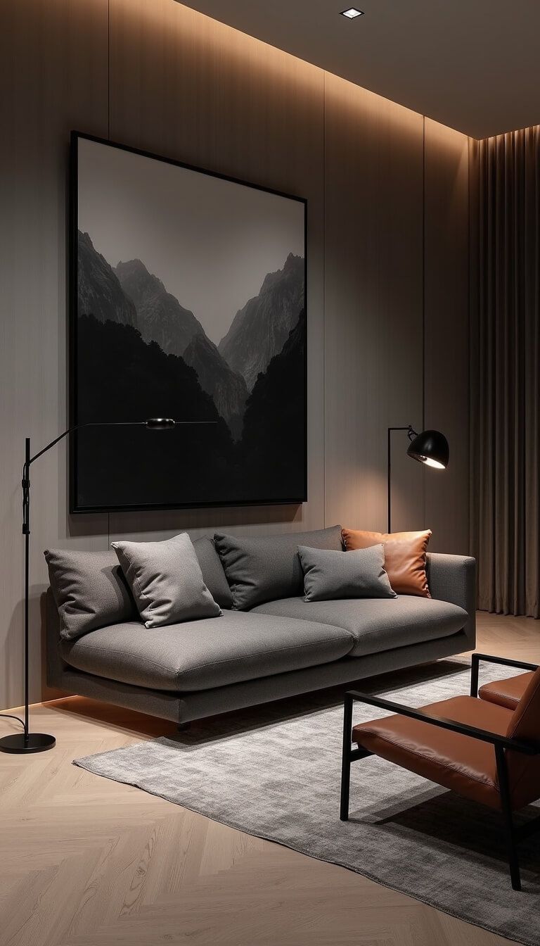 Contemporary 13x15ft twilight room with charcoal wool platform sofa, cognac leather sling chairs, smoked oak media unit with integrated lighting, large photo above sofa, and dramatic architectural floor lamp.