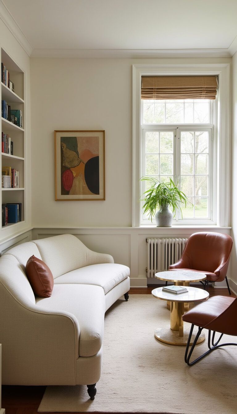 Bright 12x14ft room with cream curved sofa, vintage cognac leather chairs, marble and brass nesting tables, and built-in shelves blending into wall color.
