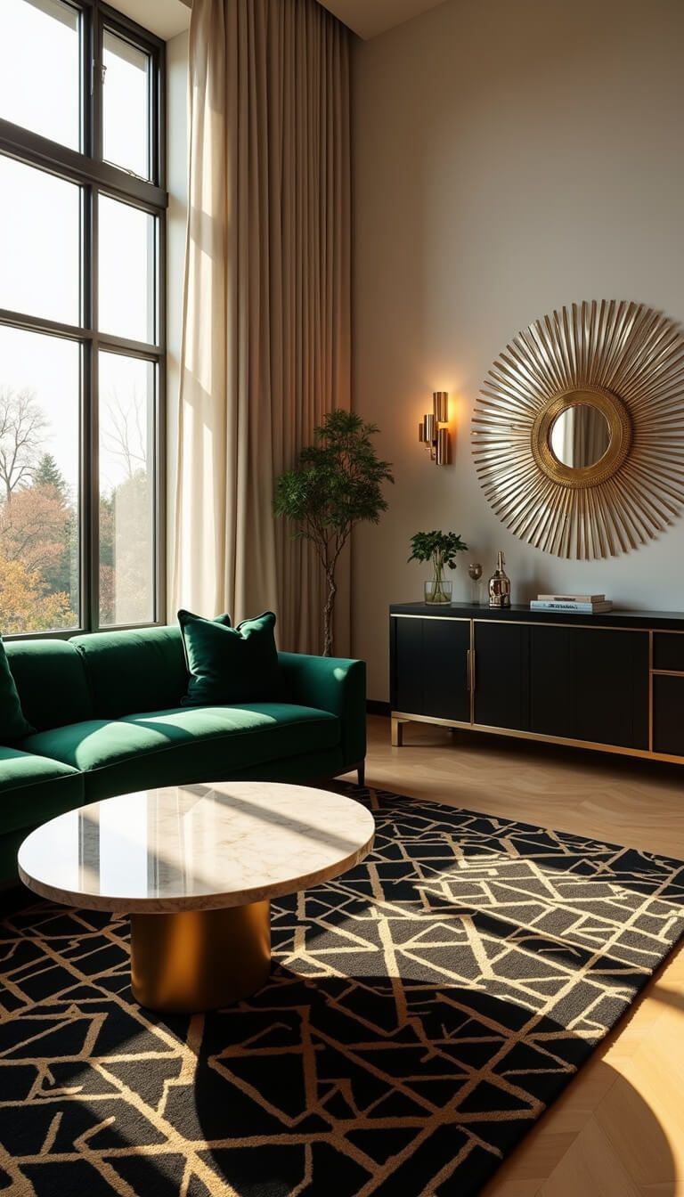 Elegant living room at golden hour with emerald velvet sofa, geometric rug, and sunlight streaming through floor-to-ceiling windows.