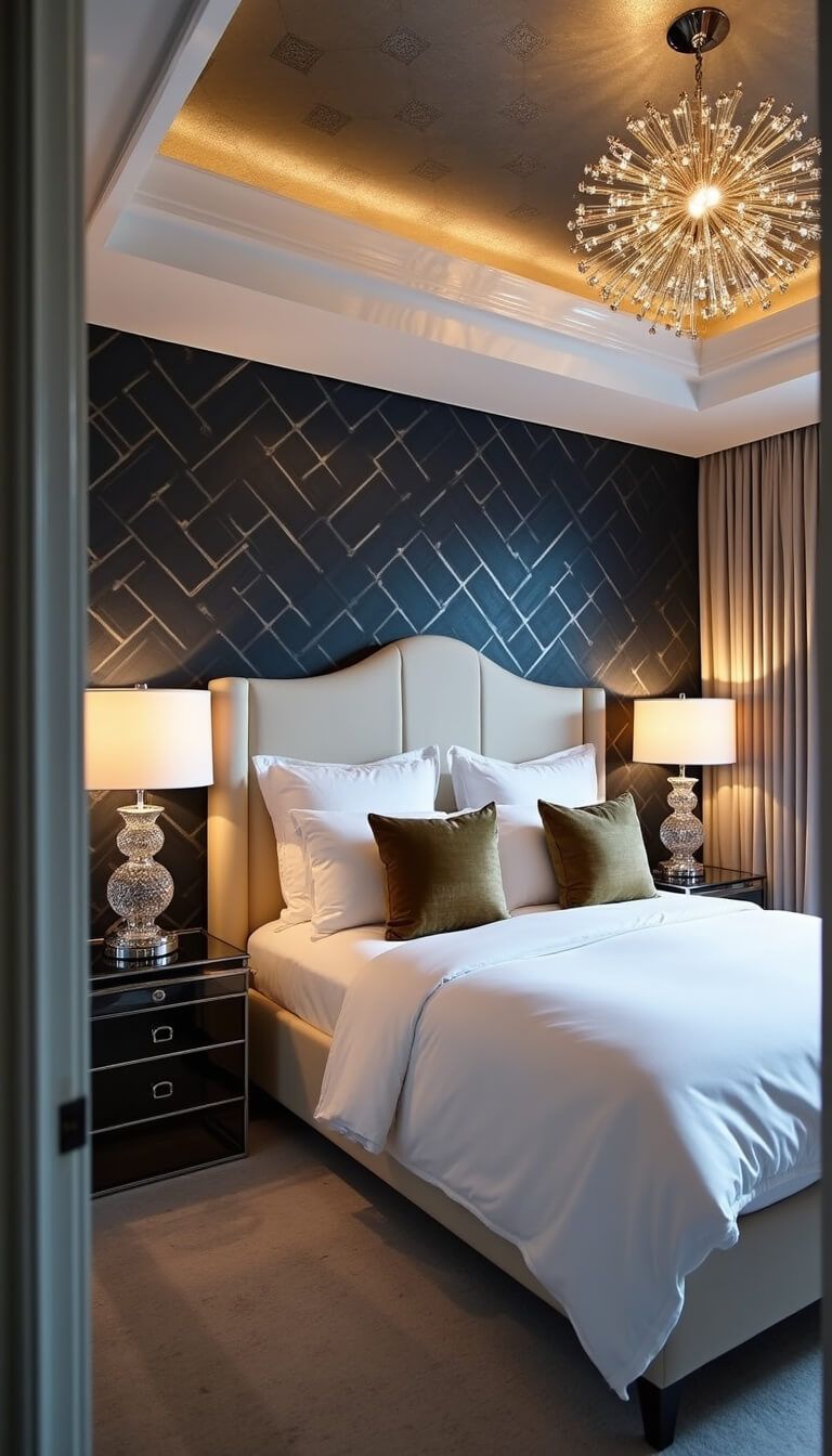 Moody master bedroom at dusk with cream velvet headboard, navy geometric wallpaper, chrome nightstands, gold-accented bedding, and dramatic sunburst chandelier lighting.