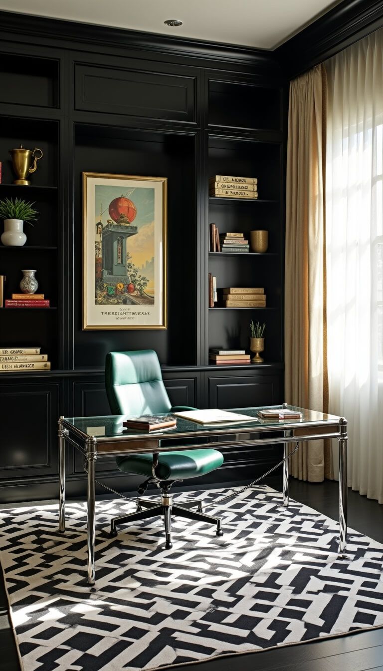Art Deco-inspired home office with black lacquer built-in shelves, chrome-and-glass desk on geometric rug, emerald leather chair, and vintage travel posters.