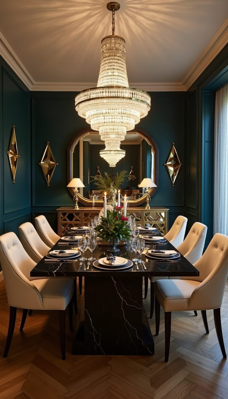 Elegant dining room at twilight with black marble table, cream velvet chairs, crystal chandelier, and teal walls with gold accents.