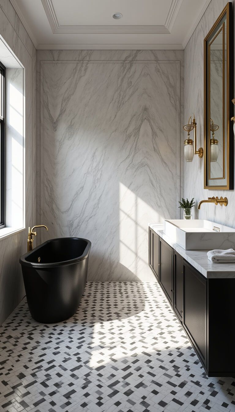 Luxe marble bathroom with black soaking tub, gold hardware, crystal sconces, and geometric floor tiles in morning light.