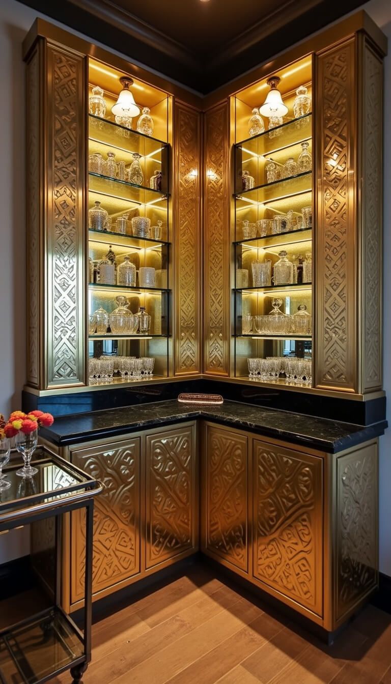 Low-angle view of an Art Deco bar corner with mirrored cabinet featuring gold geometric overlay, black marble countertop with crystal decanters and patterned glasses, backlit shelves with bottles, pendant lights, and a styled metal and glass bar cart.