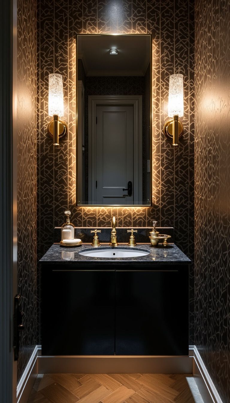 Luxurious 6x8ft powder room with black and gold geometric wallpaper, high-gloss black floating vanity, brass fixtures, crystal sconces, and stepped mirror.