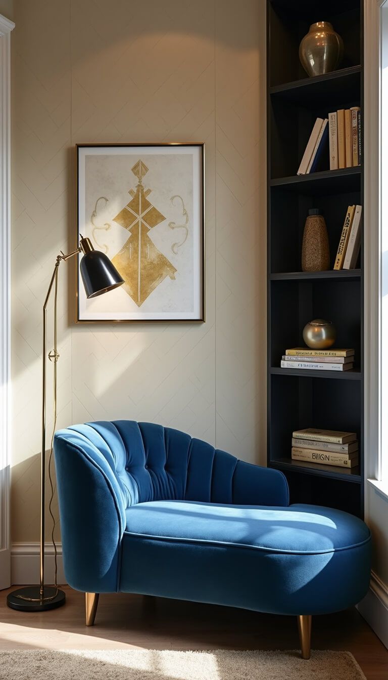 Sapphire blue velvet chaise in 8x10ft reading nook alcove with cream and gold geometric wall, chrome floor lamp, black floating shelves with art books and metallic decor, lit by late afternoon sun.