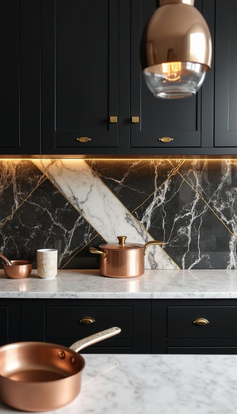 Close-up of black and white marble backsplash with gold inlay in a 12x15ft kitchen, framed by black lacquer cabinets with brass hardware, chrome and glass pendant lights, copper cookware, and geometric accessories in morning light.