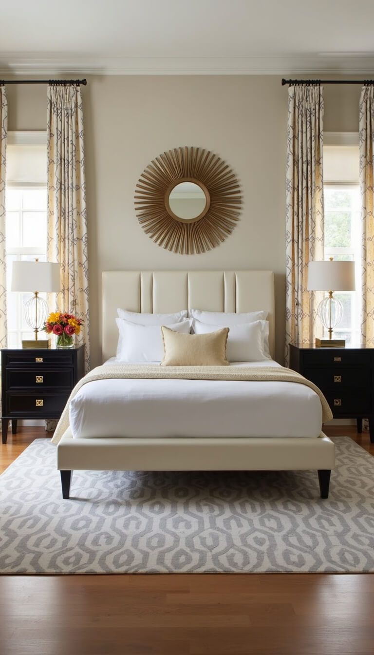 Elegant guest bedroom with cream leather platform bed, sunburst mirror, black lacquer nightstands, crystal lamps, and geometric-patterned rug in dawn light.