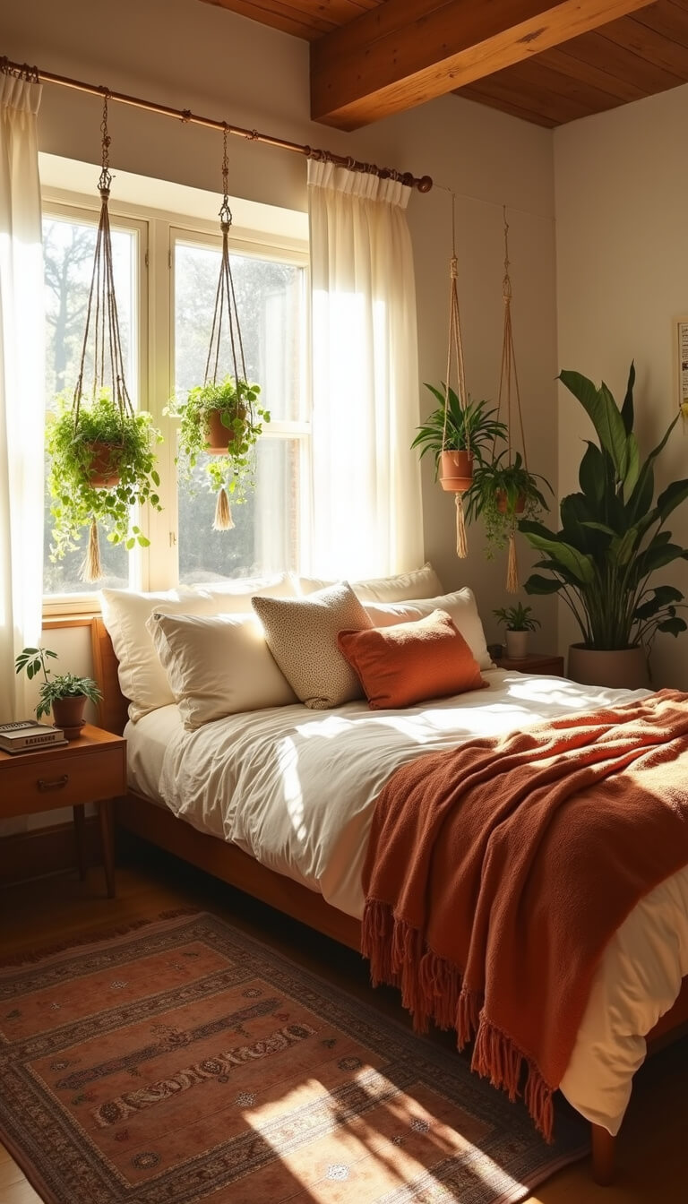 Boho bedroom with queen bed, rust and cream linens, sunlight streaming through sheer curtains, hanging pothos plants, vintage rug, and exposed wooden beams.