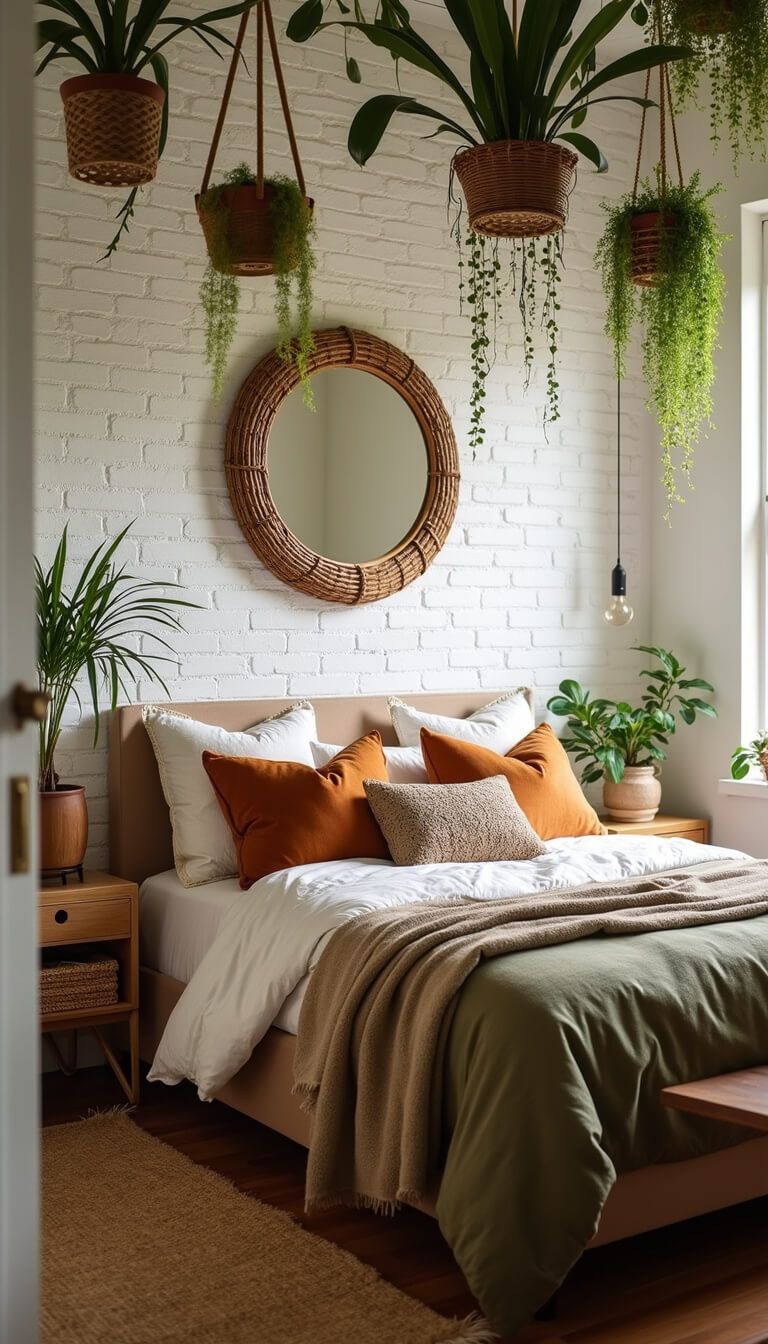 Boho bedroom with earth-tone bedding, rattan mirror on white brick wall, and hanging plants, viewed wide-angle from doorway.