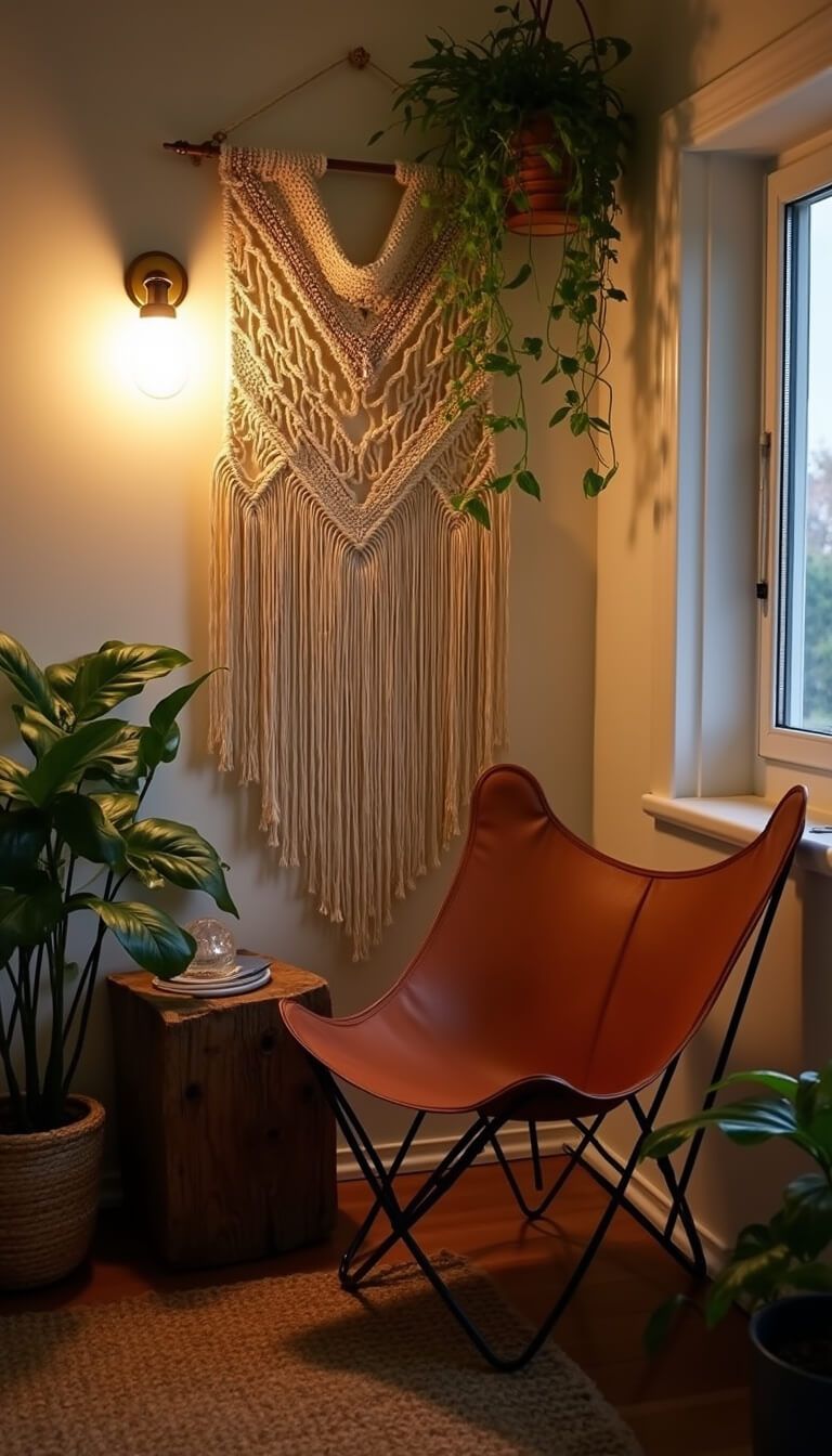 Boho bedroom corner at dusk with macramé wall hanging, brass sconces, leather butterfly chair, wooden side table, trailing plants, and a jute rug.