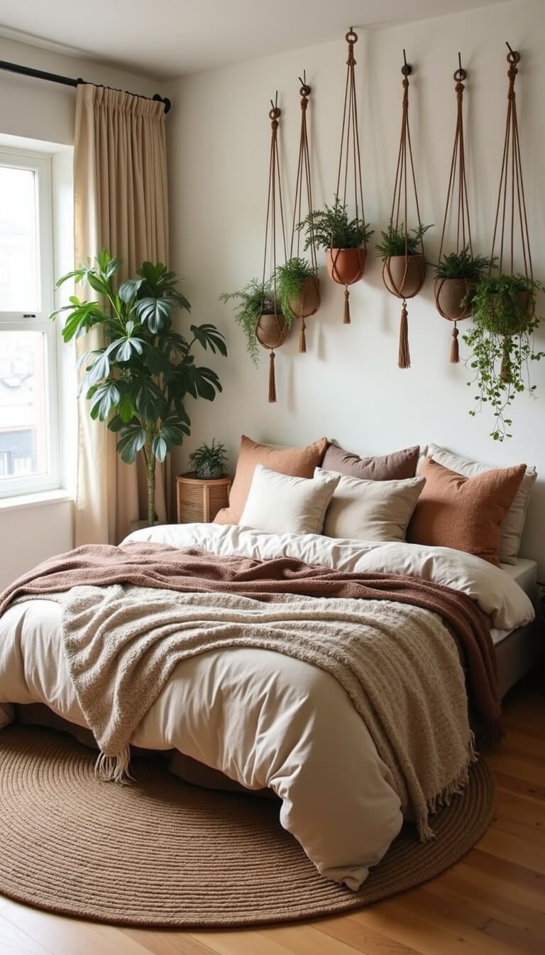 Boho bedroom with king bed, round jute rug, hanging plants, and soft natural light, viewed from above.