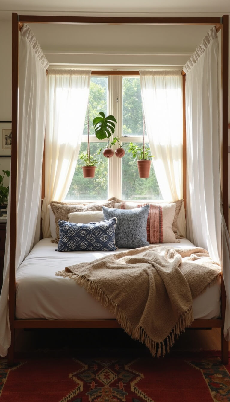 Bohemian bedroom at dawn with four-poster bed, indigo and cream bedding, hanging plants, and Moroccan rug, viewed from low angle.