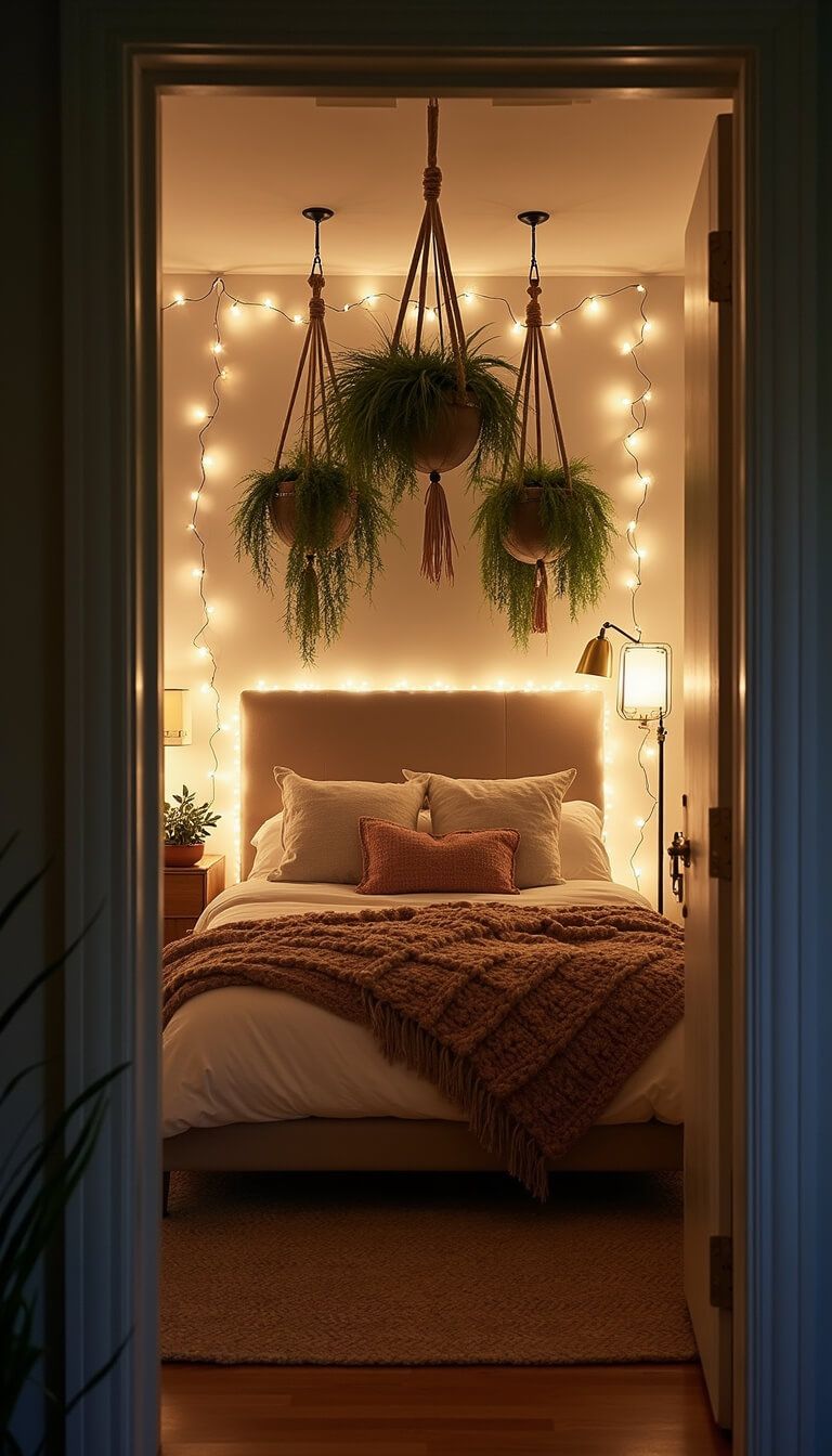 Boho retreat bedroom with string lights, layered bedding, macramé plant hangers, and vintage brass lamp at twilight.