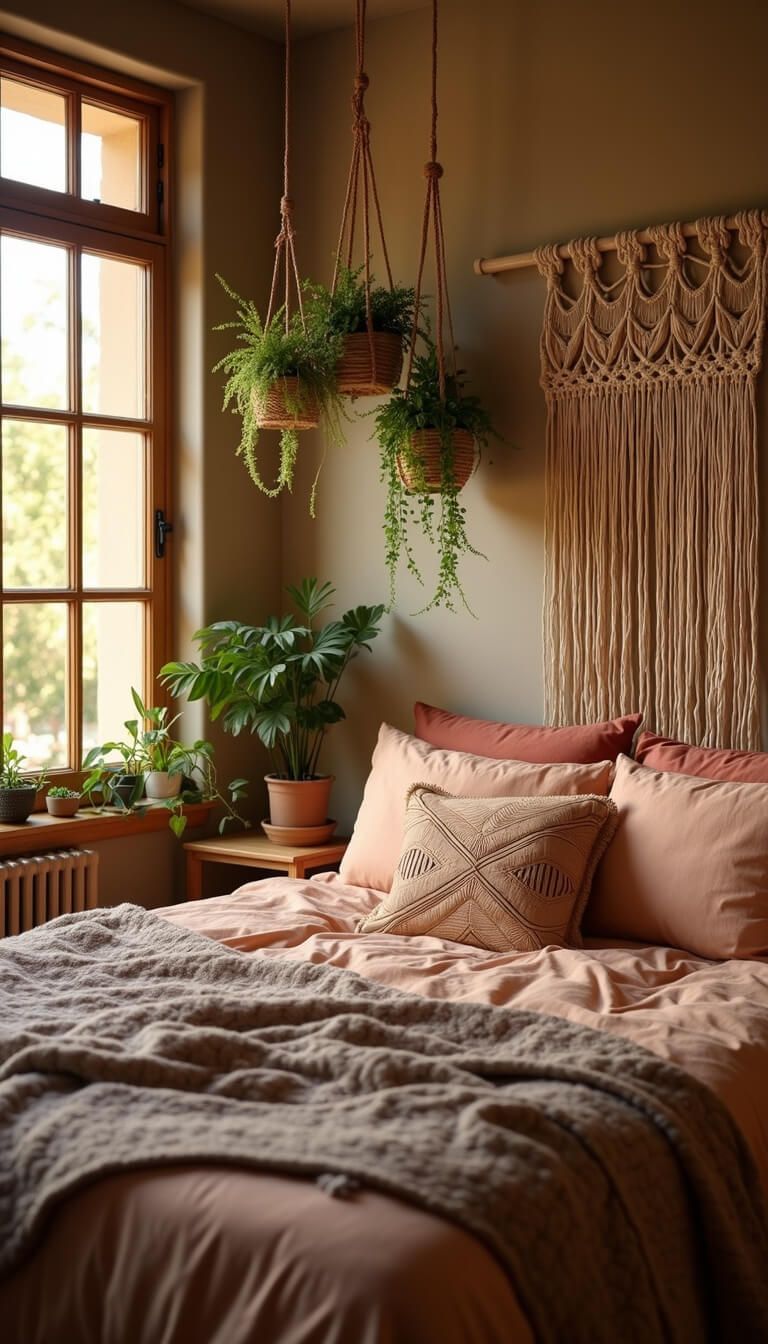 Boho-style bedroom at sunset with California king bed, macramé headboard, earthy-toned bedding, hanging plants as divider, and Moroccan wedding blanket in golden hour light.