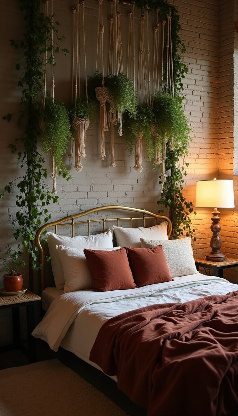 Boho bedroom with white-painted brick wall, vintage brass bed, rust velvet and linen bedding, and hanging macramé planters with trailing vines in warm evening light.