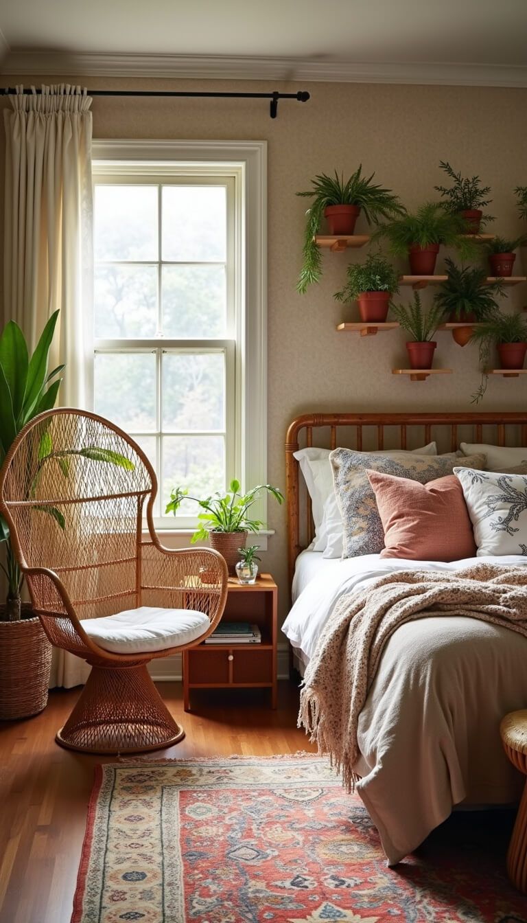 Boho-style master bedroom with rattan peacock chair, layered natural bedding, hanging plants, and textured wallpaper in bright morning light.