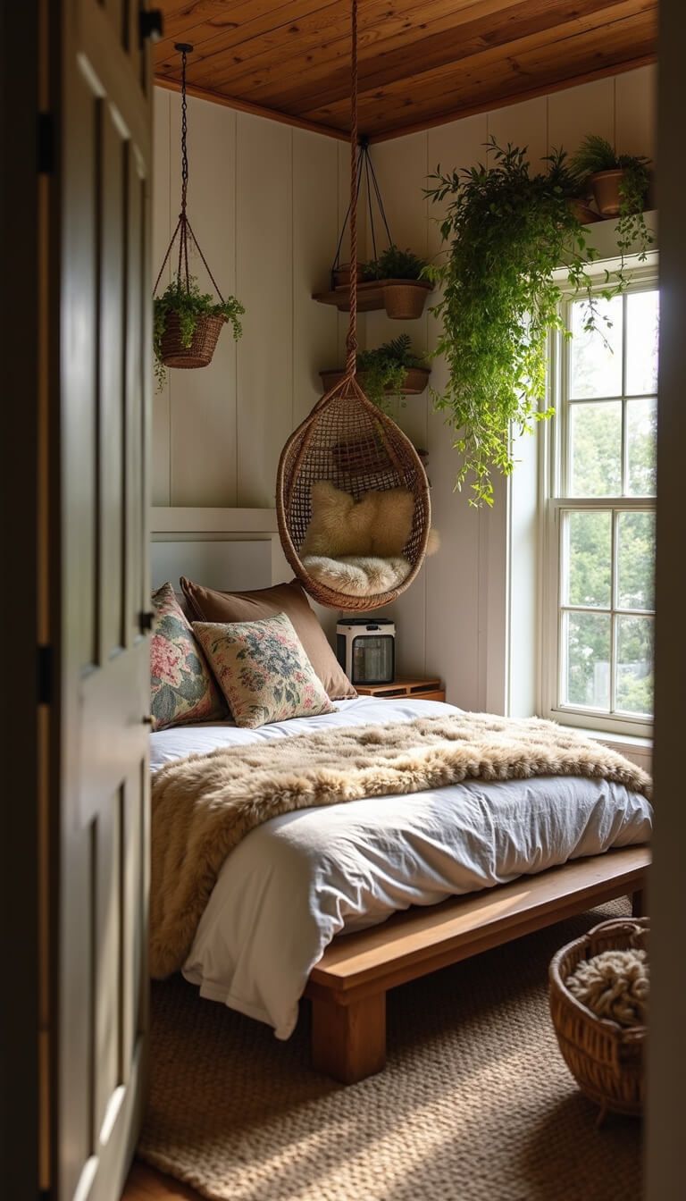 Boho bedroom with round hanging chair, platform bed with textured linens, and hanging plants in morning light.