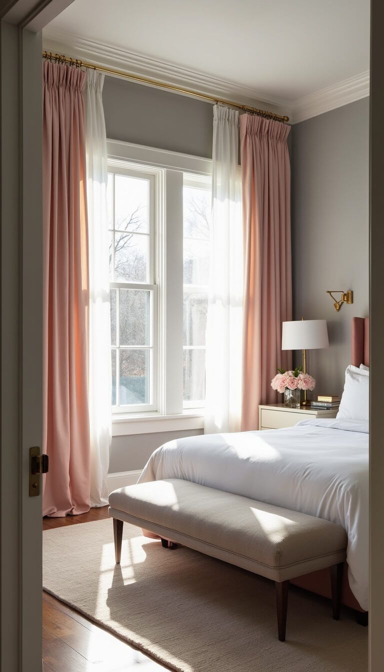 Sunlit master bedroom with blush pink silk curtains, gray walls, king bed in white linens, and gold accents, viewed from doorway with soft natural light.
