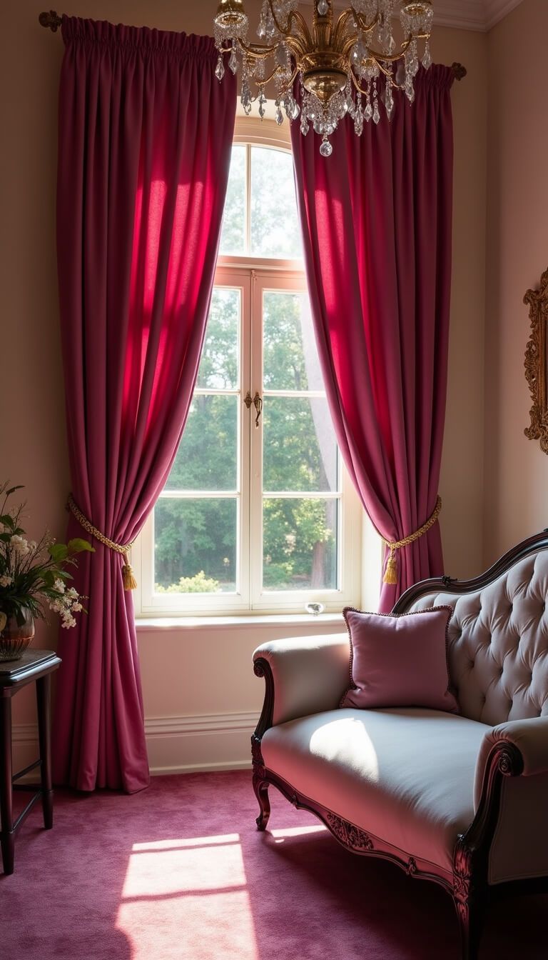Luxurious boudoir with dramatic fuchsia velvet curtains, pearl gray Victorian chaise lounge, and golden-hour lighting casting rich shadows and sparkles.